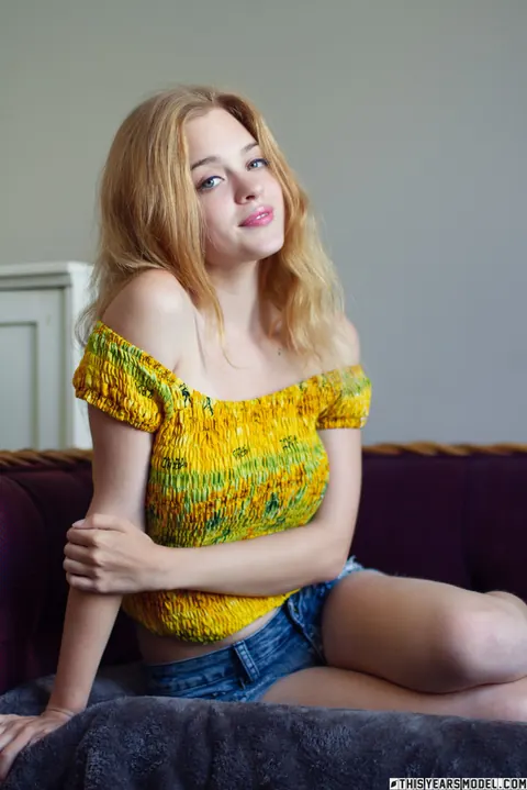 Celeste Rasmussen: Thick Redhead Strips Out of Her Shorts and Shows Her Hairy Pussy – photo 1 of 10