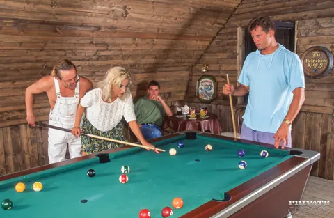 Monika Bella: Busty Blonde MILF Takes Two Men on the Pool Table – photo 2 of 12
