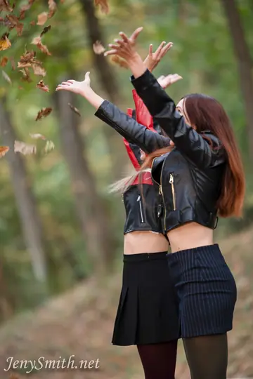 Jeny Smith – Brunette Lesbians Lick and Finger in Leather Skirts Outdoors