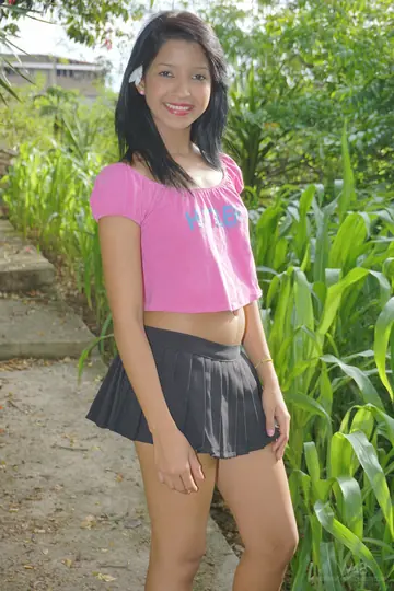 Latina Brunette Lifts Her Skirt and Spreads Her Shaved Pussy Outdoors