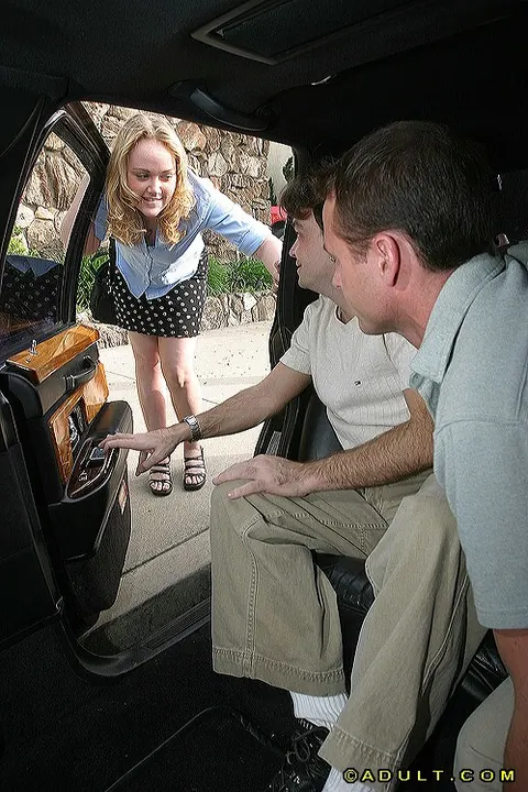 Amber Peach: Brunette in a Skirt Services Two Men on the Back Seat – photo 2 of 16