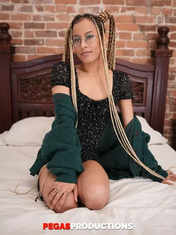 Cherry Glazed – Petite Ebony Blonde in Glasses Has Threesome Sex in the Bedroom