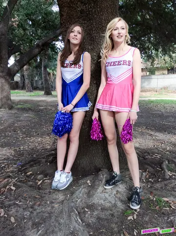 Alexa Grace – Tall Blonde and Brunette in Skirts Share Coach Outdoors
