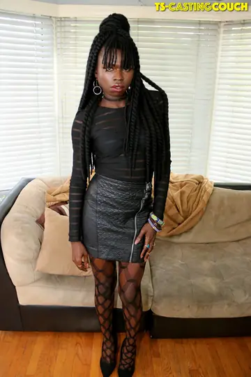 Ebony Trans Woman Undresses and Poses on Casting Couch Sofa