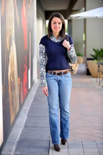 Tall Woman Exposes Her Body Outdoors in Jeans