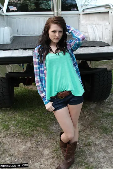 Brunette in Boots and Shorts Strips and Fucks Cowgirl Outdoors