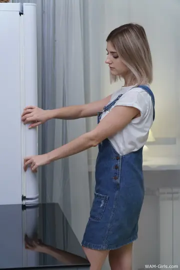Short-Haired Blonde Strips Out of Her Lingerie in the Kitchen