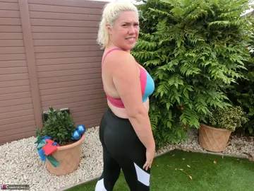 Curvy Blonde MILF Strips Out of Her Yoga Pants While Exercising in the Garden