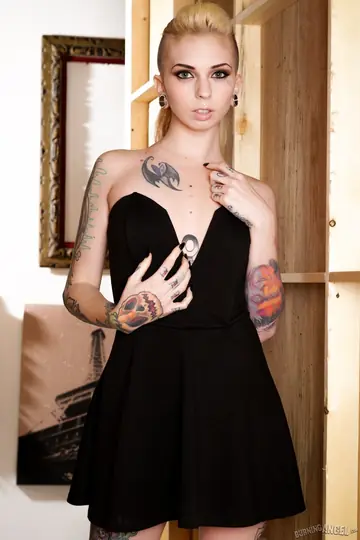 Sierra Cure – Brunette Strips Out of Her Dress and Spreads Her Tattooed Pussy
