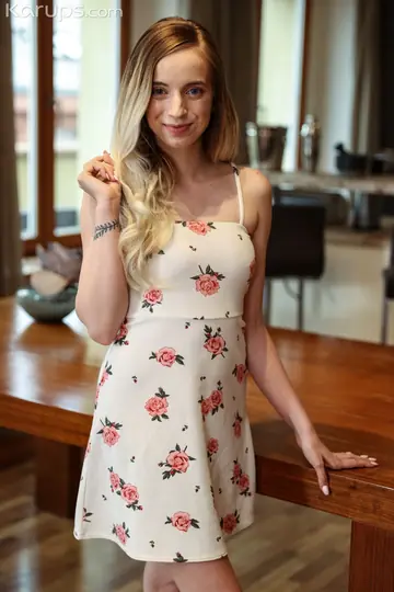 Slim Blonde with Natural Tits Spreads in a Skirt and Heels