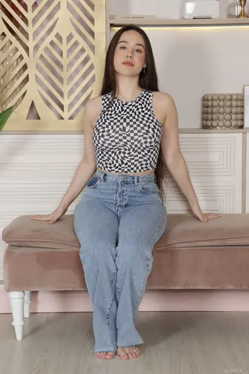 Thick Brunette in Jeans Strips and Fingers Her Pussy