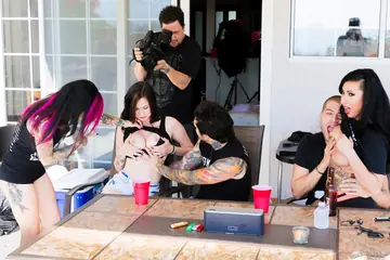 Lily Lane – Busty Brunette MILF and Slim Friend Share a Man in Group Sex