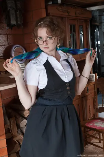 Bazhena – Thick Short-Haired Brunette in Stockings Shows Her Hairy Pussy