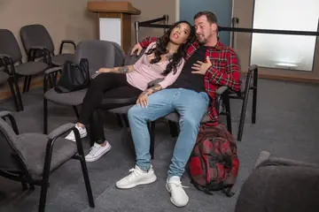 Honey Gold – Busty Asian MILF and Petite Ebony Redhead Share a Man in the Office