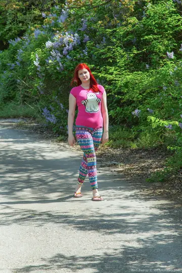 Red Bunny – Tall Russian Redhead Shows Her Hairy Pussy Outdoors