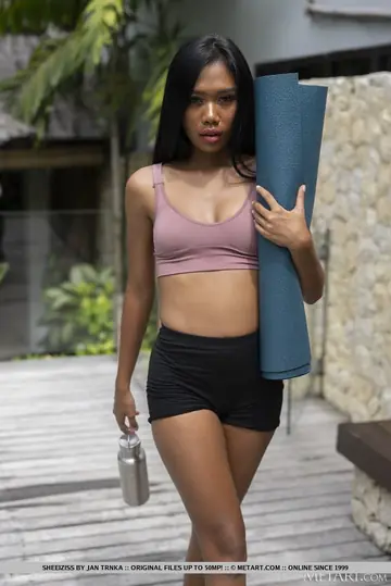 Petite Asian Woman with Tattoo Spreads by the Pool and Bathroom