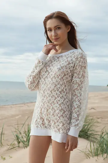 Lena Raz – Slim Brunette Strips Out of Her Dress and Spreads on the Beach