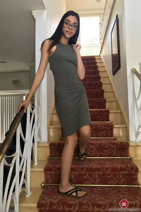 Harmony Wonder: Petite Brunette in Glasses Lifts Her Dress and Fingers Her Pussy – photo 2 of 20