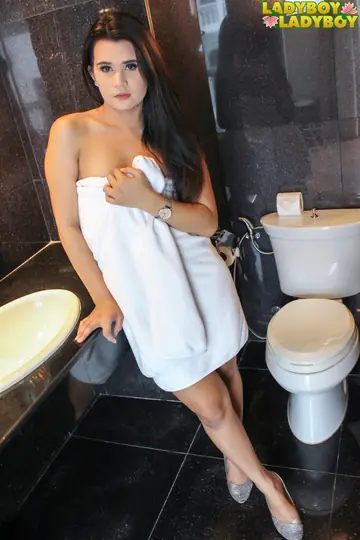 Asian Trans Woman Strips Nude and Poses in the Bathroom