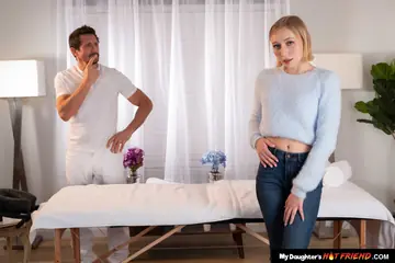 Athena May – Short-Haired Blonde in Jeans Gets Oiled Massage and Fucked