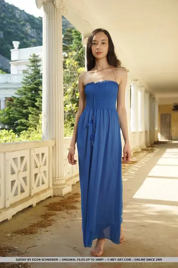 Slim Hairy Babe Strips Out of Her Dress on the Veranda