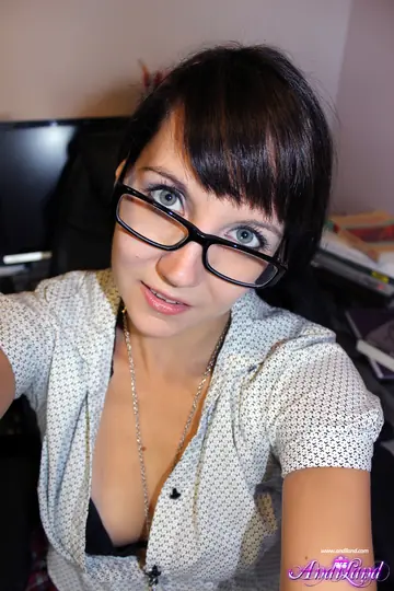 Andi Land – Slim Brunette in Lingerie and Glasses Masturbates with a Dildo