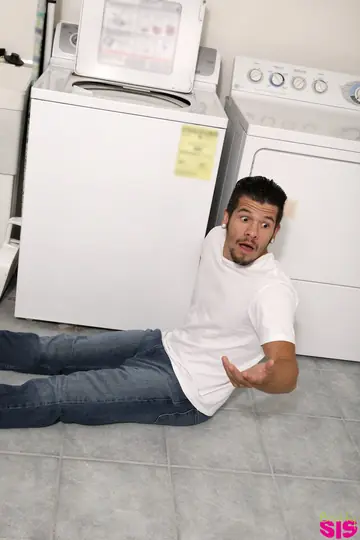 Tattooed Brunette Gives a Blowjob and Rides Cock in the Laundry Room