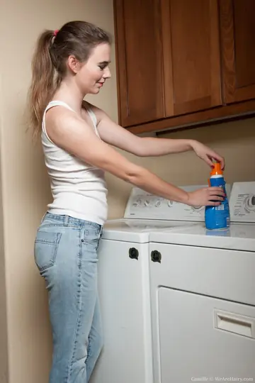 Brunette Strips Out of Her Jeans and Spreads Her Hairy Pussy on Washer