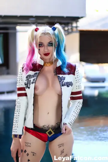 Leya Falcon – Thick Blonde MILF in Pigtails Strips by the Pool