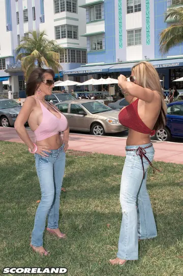 Cindy Cupps – Two Busty Brunettes Share a Dildo in Bikinis and Jeans