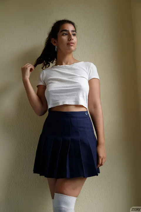 Luna Silver: Busty Asian Brunette Flashes in Stockings and Skirt – photo 4 of 12