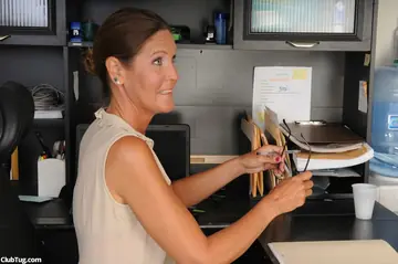 Mature Blonde MILF Gives a Handjob and Rides Cowgirl in the Office