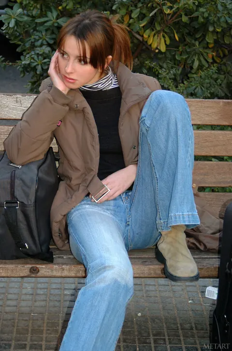 Kira Green: Skinny Brunette in a Dress Over Jeans Flashes Her Small Tits Outdoors – photo 11 of 20