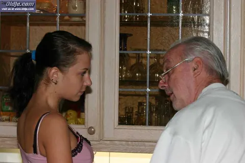 Short-Haired Brunette Blows and Rides an Old Man in the Kitchen – photo 1 of 20
