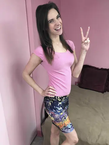 Slim Brunette MILF Gives POV Blowjob and Takes Cum on Skirt