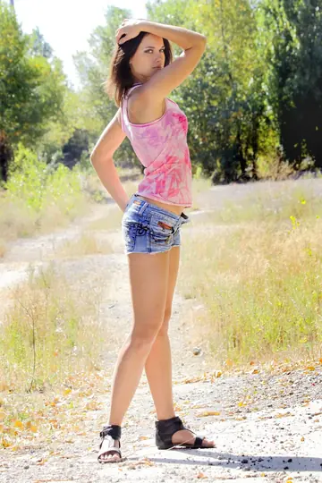 Woman in Shorts Strips Outdoors Showing Her Hairy Bush