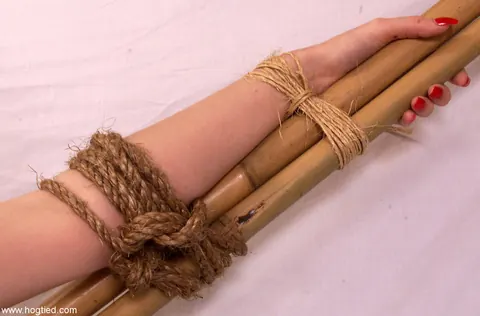 Busty Blonde MILF Roped Spread-Eagle on Bamboo Frame – photo 7 of 17