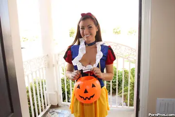 Brunette Lifts Her Halloween Costume to Flash Her Pussy and Tattoo