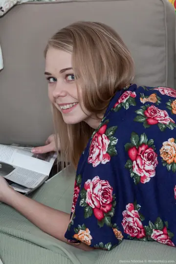 Slim Russian Blonde Plays with a Blue Dildo and Her Hairy Pussy
