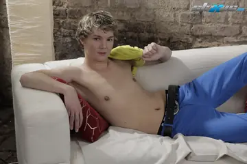 Blonde Man Sucks Cock and Gets Fucked on the Sofa