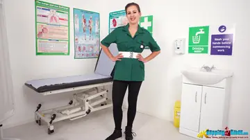 Tindra Frost – British Brunette Strips Out of Her Clinic Uniform and Pantyhose