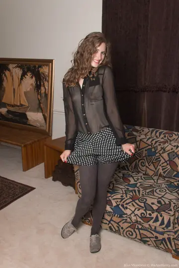 Kiss Montress – Slim Brunette in Stockings and Shorts Spreads Her Hairy Pussy