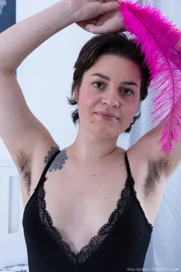 Maja Aguilar – Brunette with Short Hair Spreads Her Hairy Pussy and Lifts Her Arms