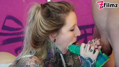 Tattooed Thick Babe Rides Cock and Uses a Dildo – photo 15 of 16