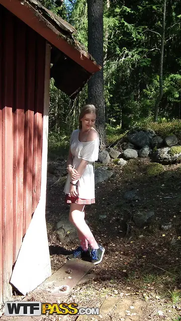 Evelina Juliet – Blonde with Big Natural Tits Shows Her Hairy Pussy in Socks Outdoors