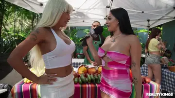 Serena Santos – Blonde Asian and Blonde Latina Share a Man Outdoors