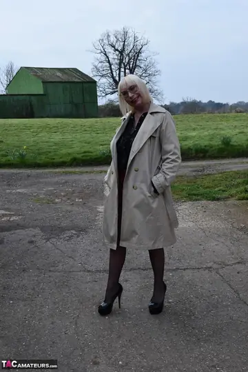 British Blonde MILF Shows Her Natural Tits Outdoors in Lingerie and Stockings
