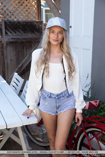 European Blonde in Shorts and Sneakers Spreads Her Hairy Pussy on Patio Chair