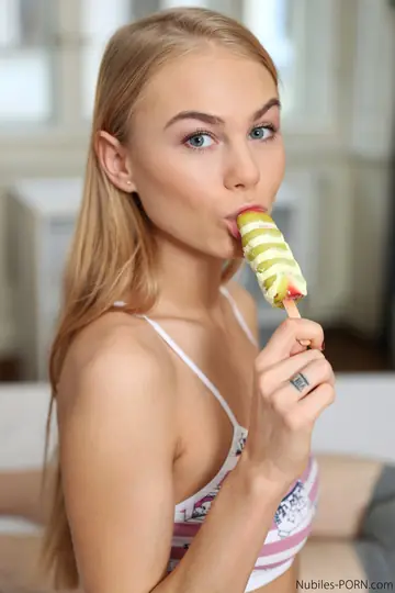 Skinny Ukrainian Blonde Licks an Ice Cream, Then Sucks and Rides Cock