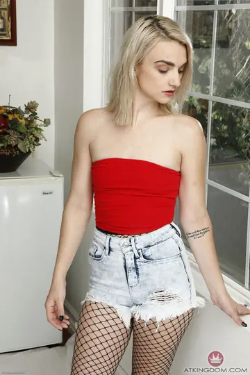 Stevie Grey – Slim Blonde Strips Out of Her Shorts and Fishnet Pantyhose